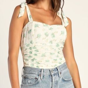 NWT Lulus Romance Everlasting Ivory Floral Tie-Strap Bodysuit